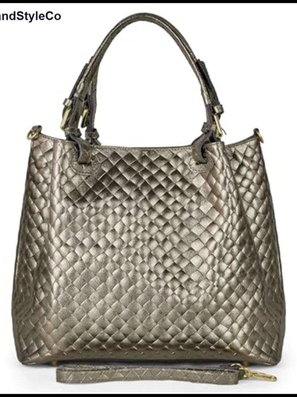 Genuine Metallic Suede Handbag Medium Woven Effect Top-Handle Crossbody